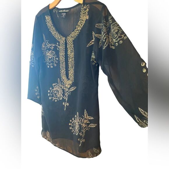 Silk Theads Sz S Black Heavy Gold Beaded Collar Metallic Roses Design Tunic Top - Picture 3 of 6